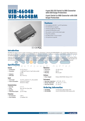 USB-4604BM datasheet - 4-port RS-232 Serial to USB Converter with ESD Surge Protection