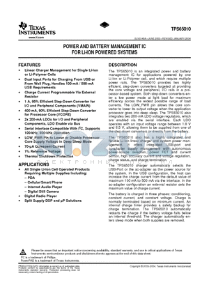 TPS65010RGZ datasheet - POWER AND BATTERY MANAGEMENT IC FOR Li-ION POWERED SYSTEMS