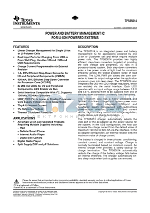 TPS65014RGZRG4 datasheet - POWER AND BATTERY MANAGEMENT IC FOR LI-ION POWERED SYSTEMS