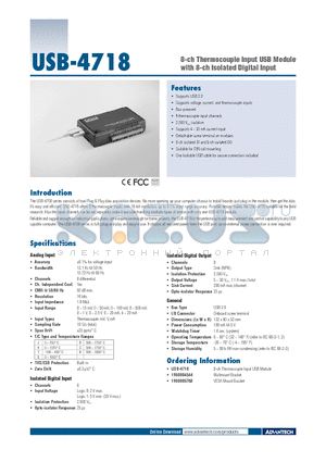 USB-4718 datasheet - 8-ch Thermocouple Input USB Module with 8-ch Isolated Digital Input