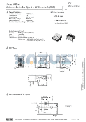 USB-A-003-30 datasheet - Universal Serial Bus, Type A - 90` Receptacle