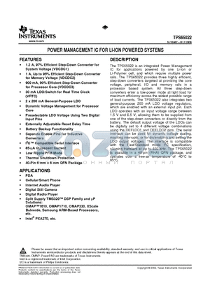 TPS65022 datasheet - POWER MANAGEMENT IC FOR LI-ION POWERED SYSTEMS