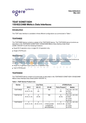 TDAT04622 datasheet - TDAT SONET/SDH 155/622/2488 Mbits/s Data Interfaces