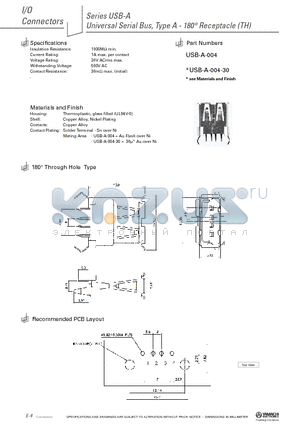 USB-A-004-30 datasheet - Universal Serial Bus, Type A - 180` Receptacle