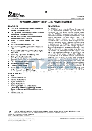 TPS65021RHARG4 datasheet - POWER MANAGEMENT IC FOR LI-ION POWERED SYSTEMS