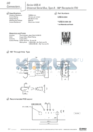 USB-A-005A datasheet - Universal Serial Bus, Type A - 180` Receptacle