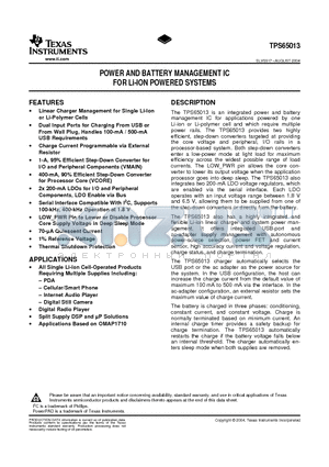 TPS65013RGZ datasheet - POWER AND BATTERY MANAGEMENT IC FOR Li-ION POWERED SYSTEMS