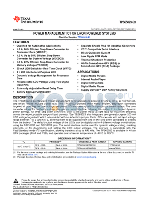 TPS65023QRSBRQ1 datasheet - POWER MANAGEMENT IC FOR LI-ION POWERED SYSTEMS