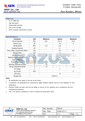 SP233 datasheet - 233MHz SAW Filter 0.5MHz Bandwidth