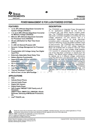 TPS65022RHAT datasheet - POWER MANAGEMENT IC FOR LI-ION POWERED SYSTEMS