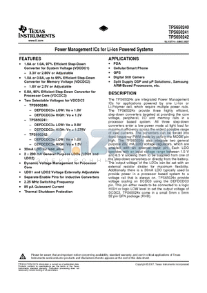 TPS650240RHBT datasheet - Power Management ICs for Li-Ion Powered Systems