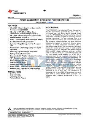 TPS650231RSBT datasheet - POWER MANAGEMENT IC FOR LI-ION POWERED SYSTEMS