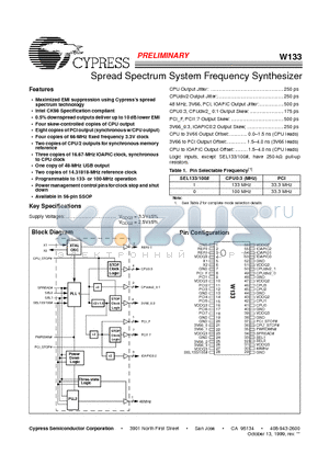 W133 datasheet - Spread Spectrum System Frequency Synthesizer