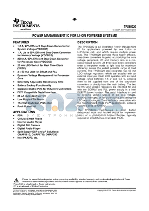 TPS65020RHAR datasheet - POWER MANAGEMENT IC FOR LI-ION POWERED SYSTEMS