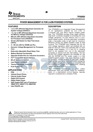 TPS65020RHAT datasheet - POWER MANAGEMENT IC FOR LI-ION POWERED SYSTEMS