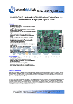 USB-DI16A datasheet - 16 High-Speed Digital I/Os, 18 standard I/Os, 128 kByte FIFO
