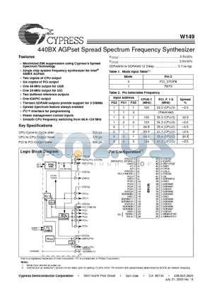 W149 datasheet - 440BX AGPset Spread Spectrum Frequency Synthesizer