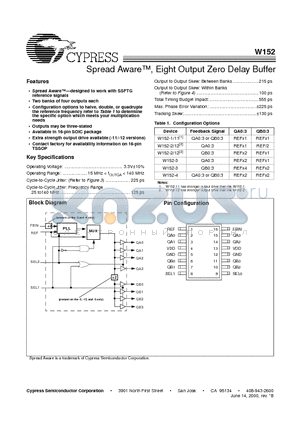 W152 datasheet - Spread Aware, Eight Output Zero Delay Buffer