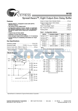 W152 datasheet - Spread Aware, Eight Output Zero Delay Buffer