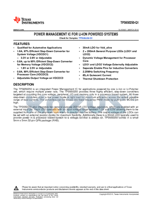 TPS650250-Q1 datasheet - POWER MANAGEMENT IC FOR LI-ION POWERED SYSTEMS