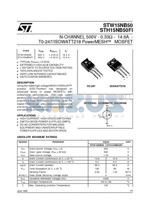 W15NB50 datasheet - N-CHANNEL 500V - 0.33ohm - 14.6A - T0-247/ISOWATT218 PowerMESH  MOSFET