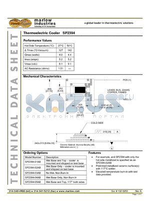SP2394-01AB datasheet - Thermoelectric Cooler