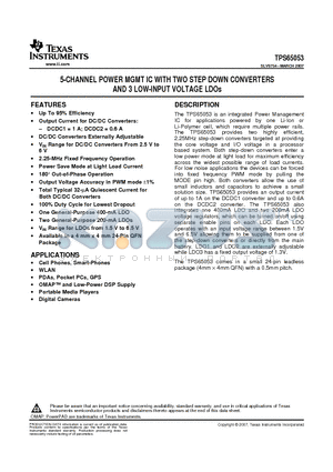 TPS65053 datasheet - 5-CHANNEL POWER MGMT IC WITH TWO STEP DOWN CONVERTERS AND 3 LOW-INPUT VOLTAGE LDOs