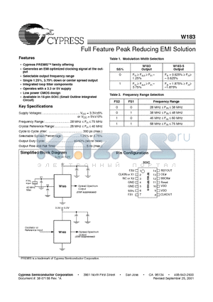 W183 datasheet - Full Feature Peak Reducing EMI Solution