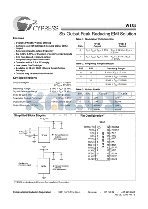 W184 datasheet - Six Output Peak Reducing EMI Solution