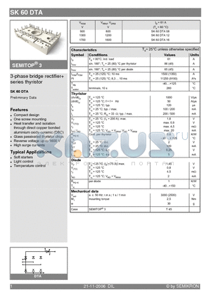 SK60DTA16 datasheet - 3-phase bridge rectifier series thyristor