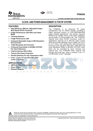 TPS65040ZQER datasheet - CLOCK- AND POWER-MANAGEMENT IC FOR RF SYSTEM