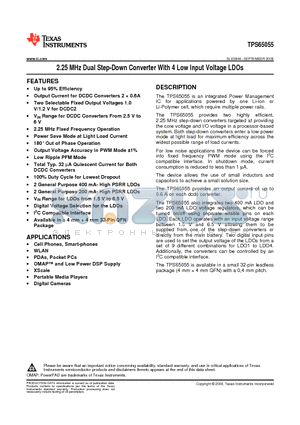 TPS65055 datasheet - 2.25 MHz Dual Step-Down Converter With 4 Low Input Voltage LDOs