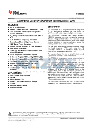 TPS65055RSMT datasheet - 2.25 MHz Dual Step-Down Converter With 4 Low Input Voltage LDOs