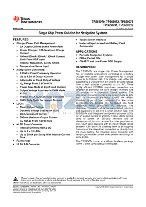 TPS65070RSLR datasheet - Single Chip Power Solution for Navigation Systems