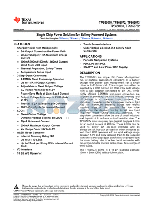 TPS65072RSLR datasheet - Single Chip Power Solution for Battery Powered Systems