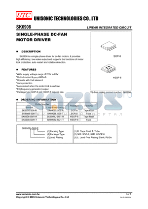 SK6908 datasheet - SINGLE-PHASE DC-FAN MOTOR DRIVER