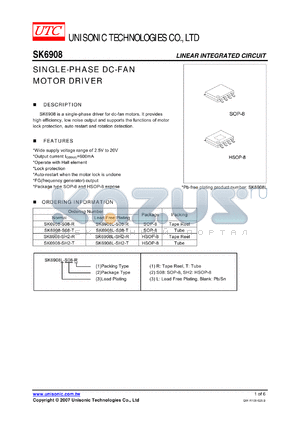 SK6908 datasheet - SINGLE-PHASE DC-FAN MOTOR DRIVER