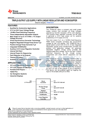 TPS65100-Q1 datasheet - TRIPLE-OUTPUT LCD SUPPLY WITH LINEAR REGULATOR AND VCOM BUFFER