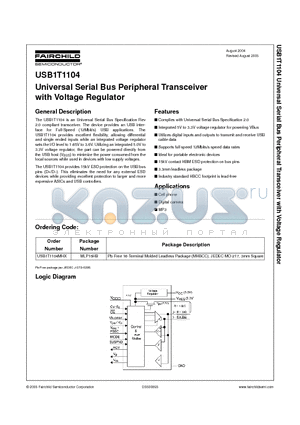 USB1T1104 datasheet - Universal Serial Bus Peripheral Transceiver with Voltage Regulator