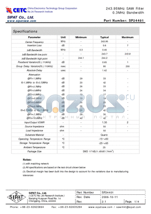 SP24401 datasheet - 243.95MHz SAW Filter 0.3MHz Bandwidth