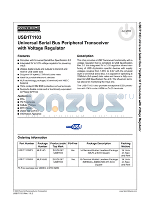 USB1T1103 datasheet - Universal Serial Bus Peripheral Transceiver with Voltage Regulator