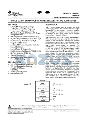 TPS65101RGE datasheet - TRIPLE OUTPUT LCD SUPPLY WITH LINEAR REGULATOR AND VCOM BUFFER