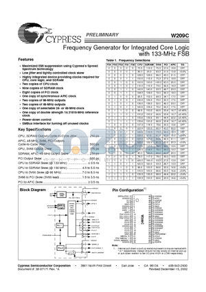 W209C datasheet - Frequency Generator for Integrated Core Logic with 133-MHz FSB