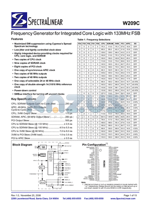 W209C datasheet - Frequency Generator for Integrated Core Logic with 133MHz FSB