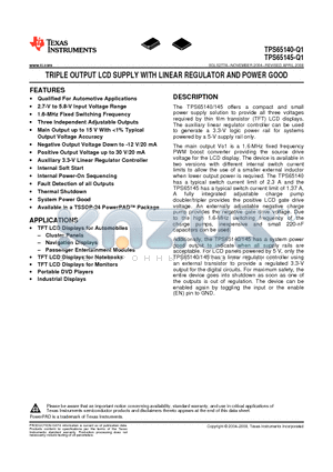 TPS65140-Q1 datasheet - TRIPLE OUTPUT LCD SUPPLY WITH LINEAR REGULATOR AND POWER GOOD