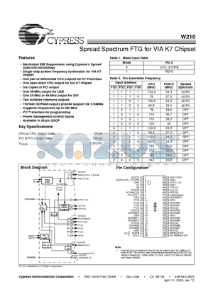 W210H datasheet - Spread Spectrum FTG for VIA K7 Chipset