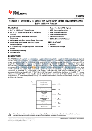 TPS65148RHBT datasheet - Compact TFT LCD Bias IC for Monitor with VCOM Buffer, Voltage Regulator for Gamma Buffer and Reset Function