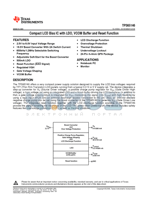 TPS65146 datasheet - Compact LCD Bias IC with LDO, VCOM Buffer and Reset Function