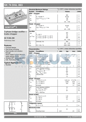 SK74DGL063 datasheet - 3-phase bridge rectifier  brake chopper