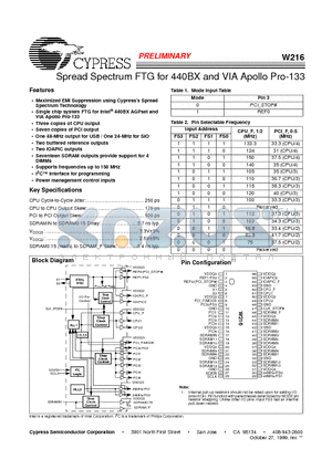 W216 datasheet - Spread Spectrum FTG for 440BX and VIA Apollo Pro-133